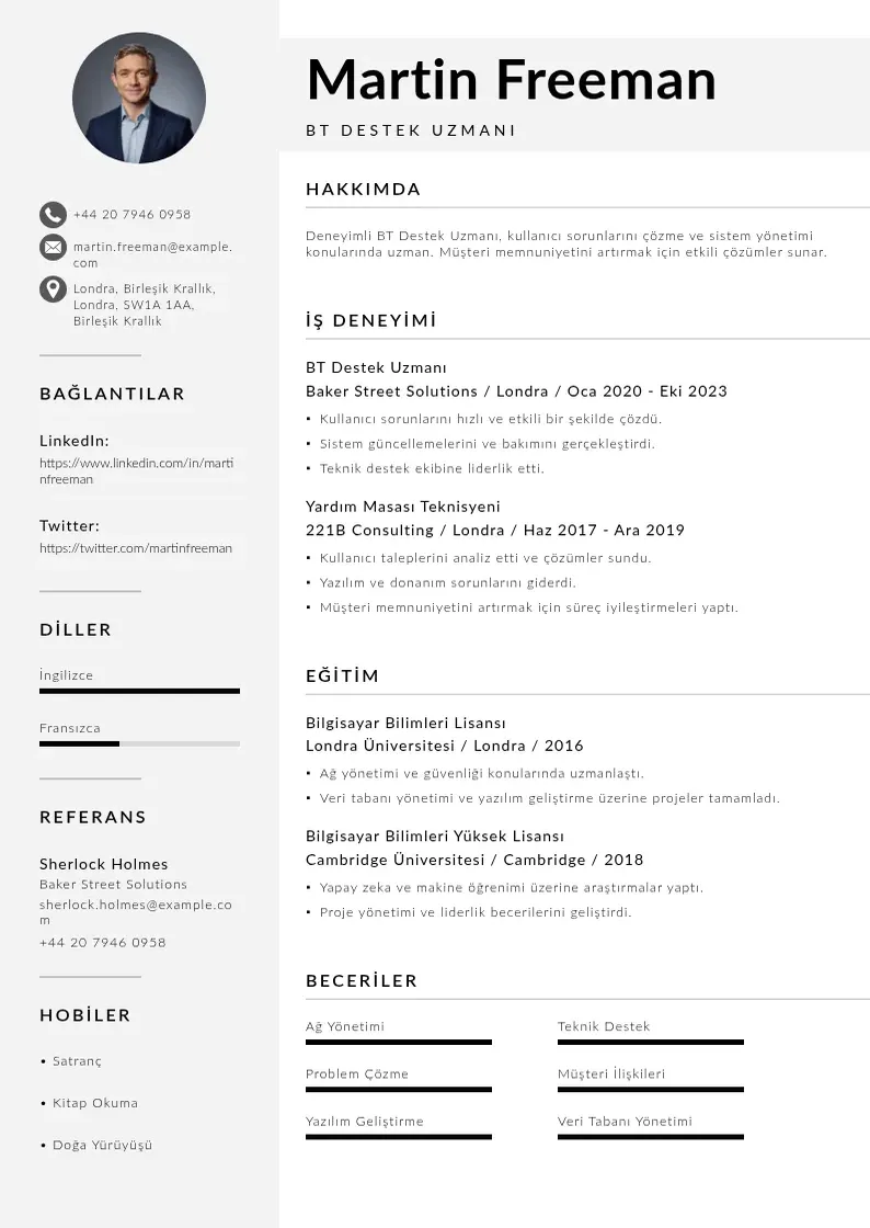 Mūsdienīga BT Destek Uzmanı  CV veidne