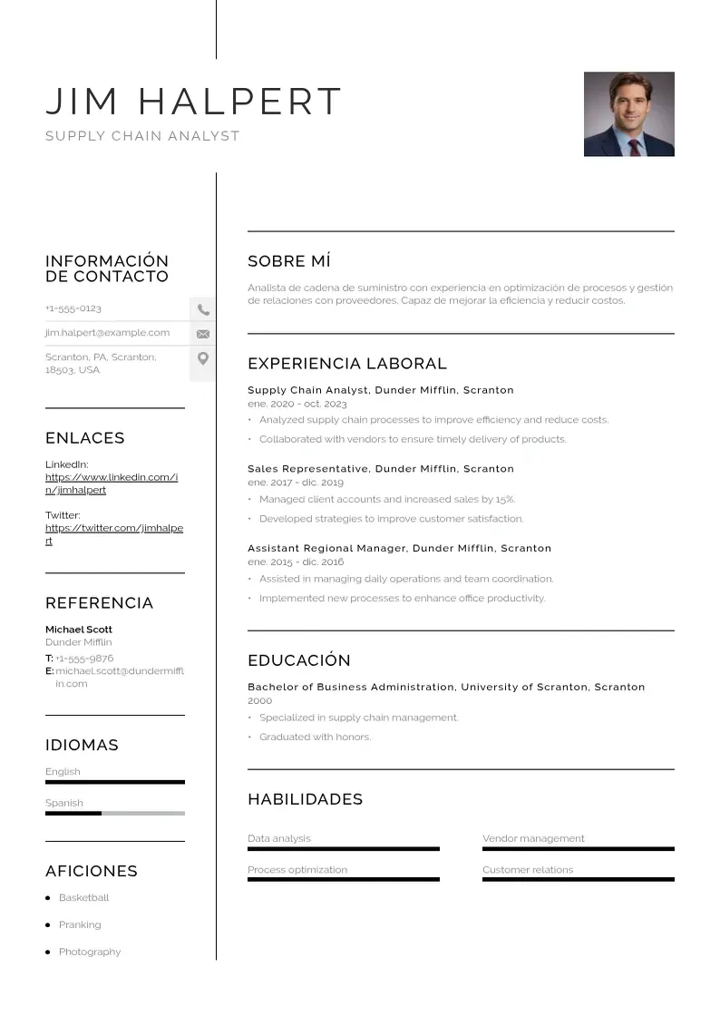 two column cv-analista-de-cadena-de-suministro resume example