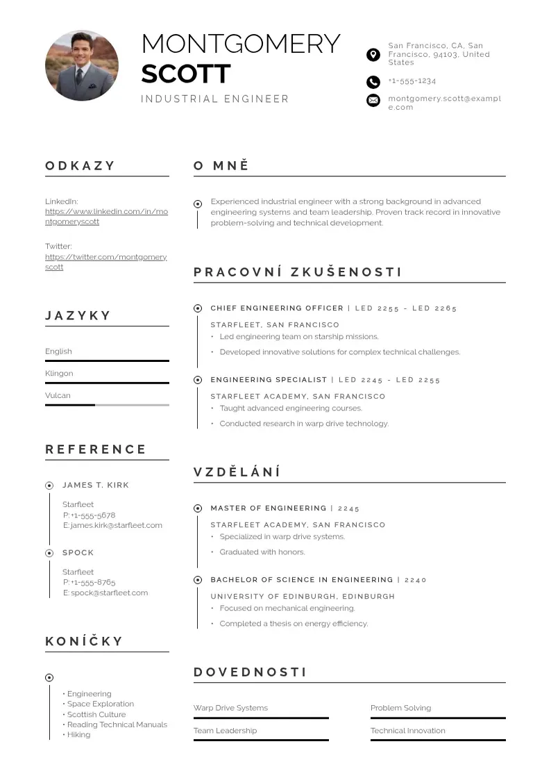 Profesionāla Prumyslovy inzenyr zivotopis CV veidne
