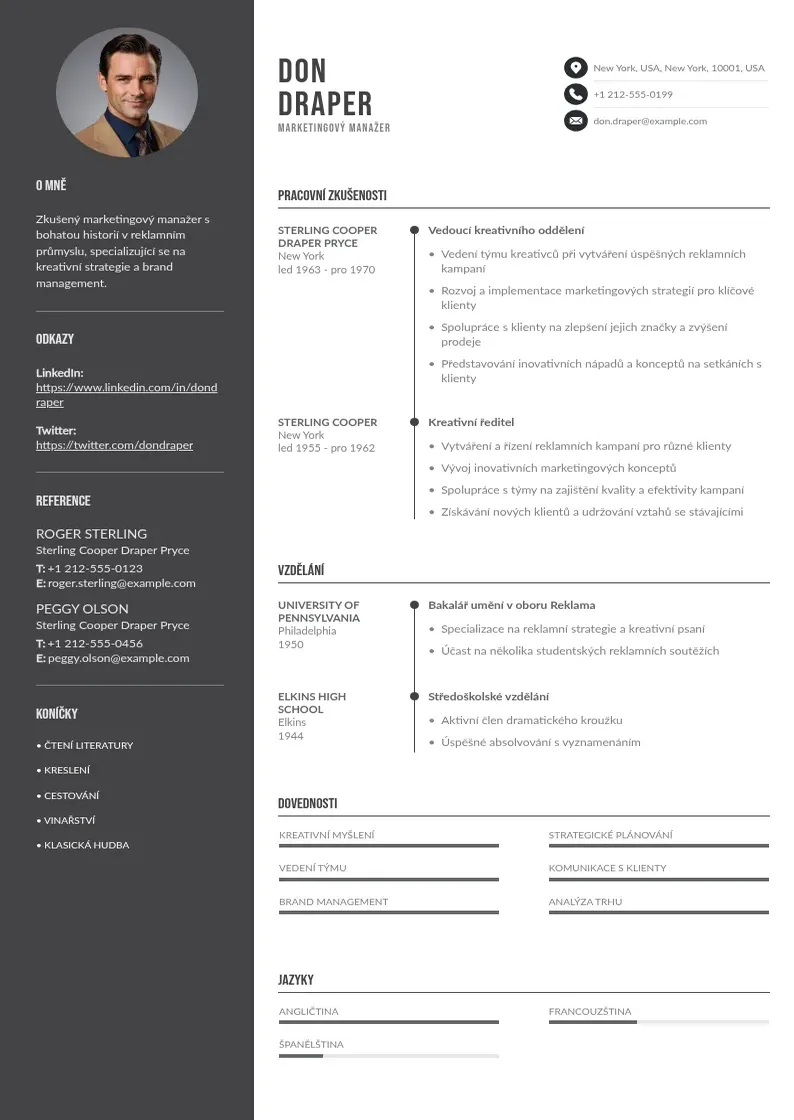 Divu kolonnu Marketingovy manazer zivotopis CV piemērs