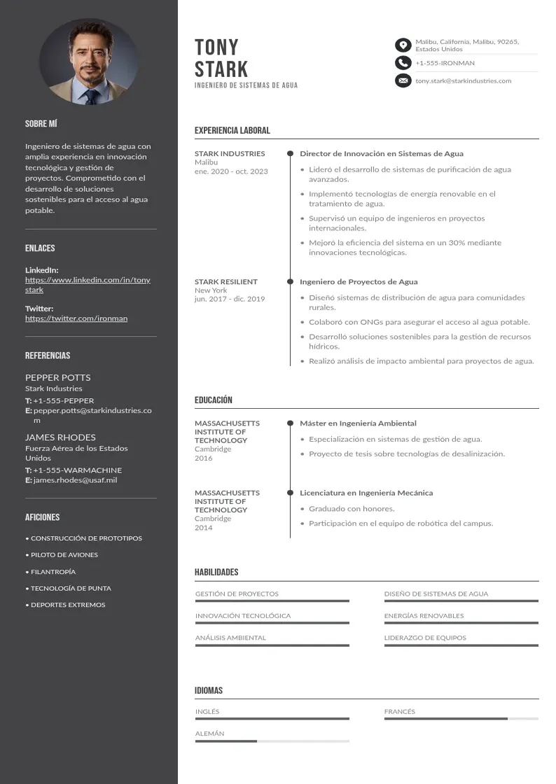 two column ingeniero-de-sistemas-de-agua resume example