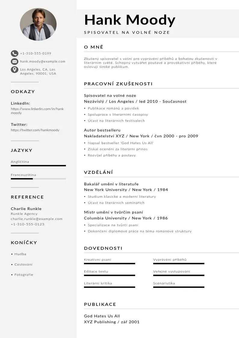 Mūsdienīga Spisovatel na volne noze zivotopis CV veidne