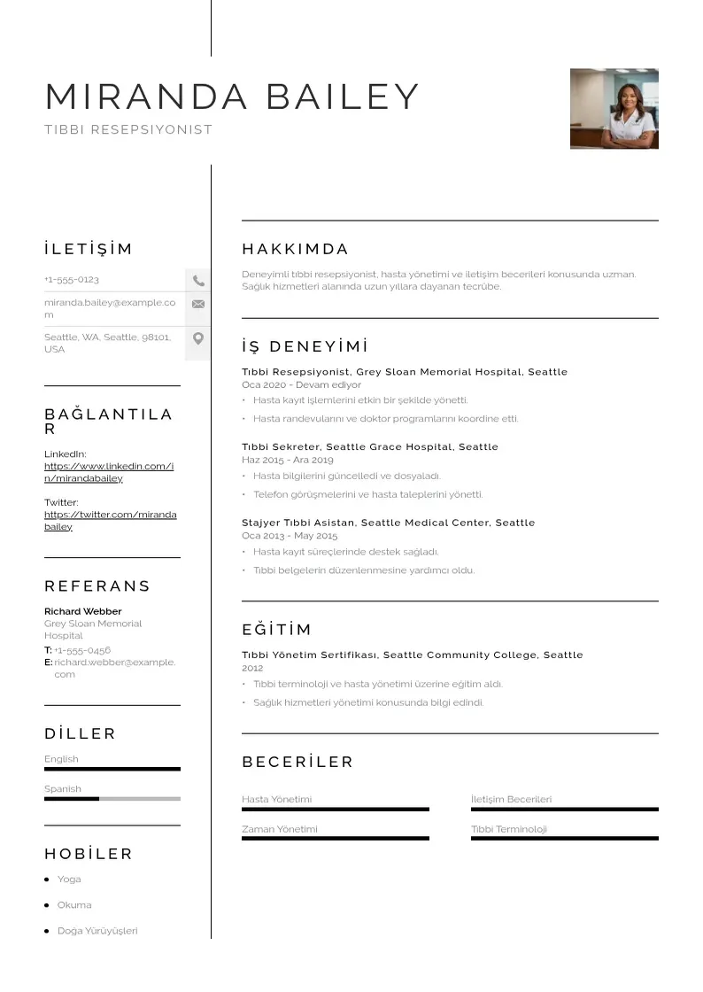 Vienkārša Tıbbi Resepsiyonist  CV piemērs