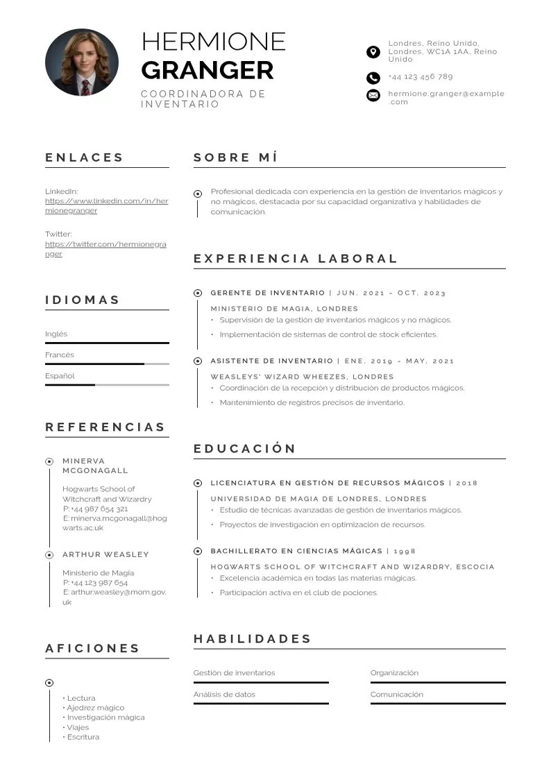two column cv-coordinador-de-inventario resume example