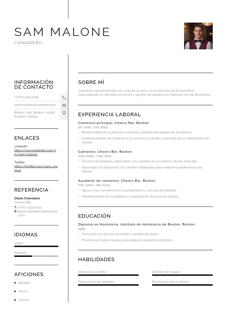 two column cv-camarero-servidor resume example