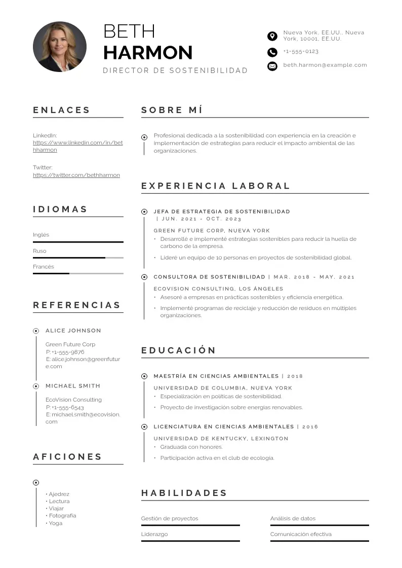 two column director-de-sostenibilidad resume example