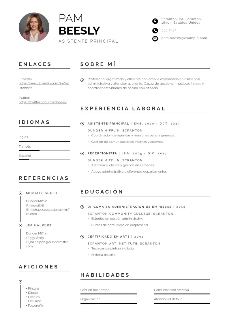 two column asistente-principal resume example