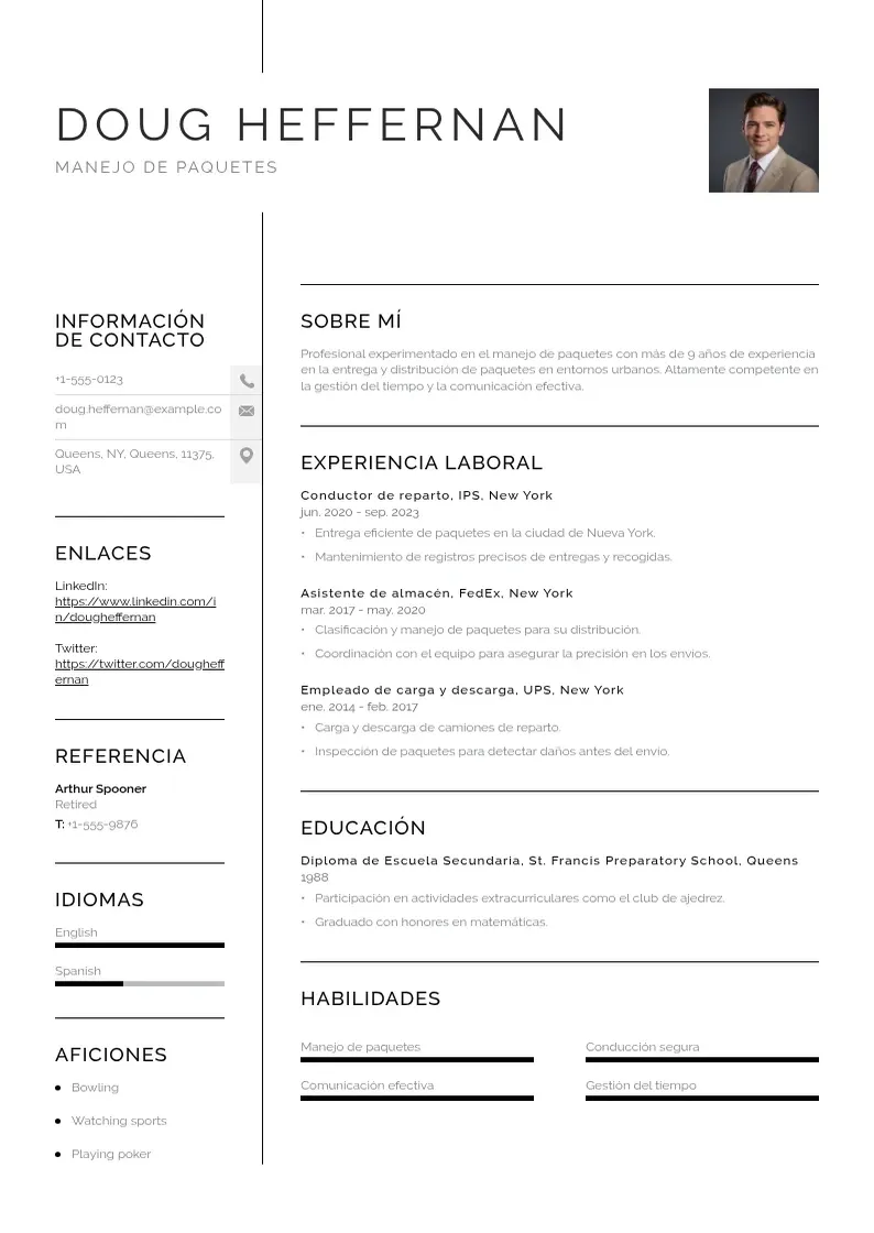 two column manejo-de-paquetes resume example
