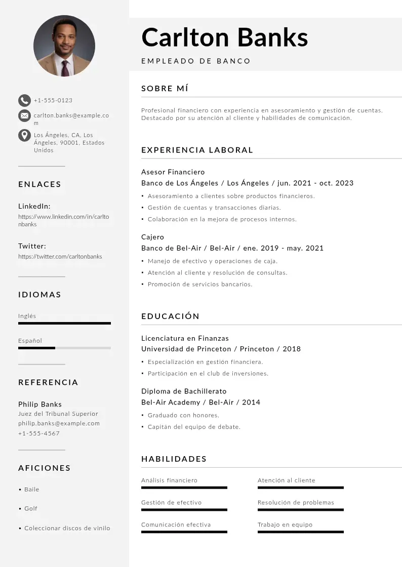 two column empleado-de-banco resume example
