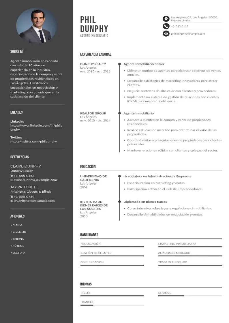 two column agente-inmobiliario resume example