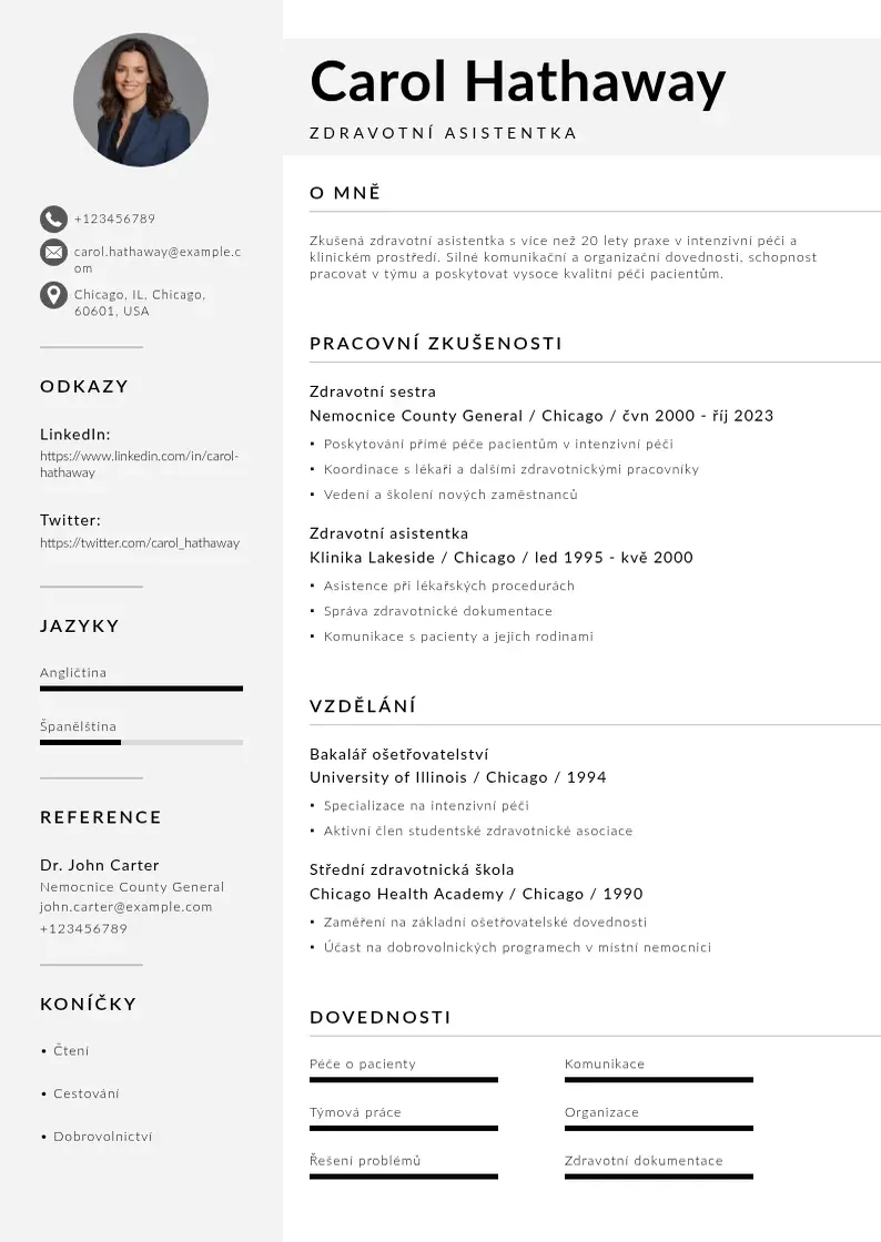 Mūsdienīga Zdravotni asistentka zivotopis CV veidne