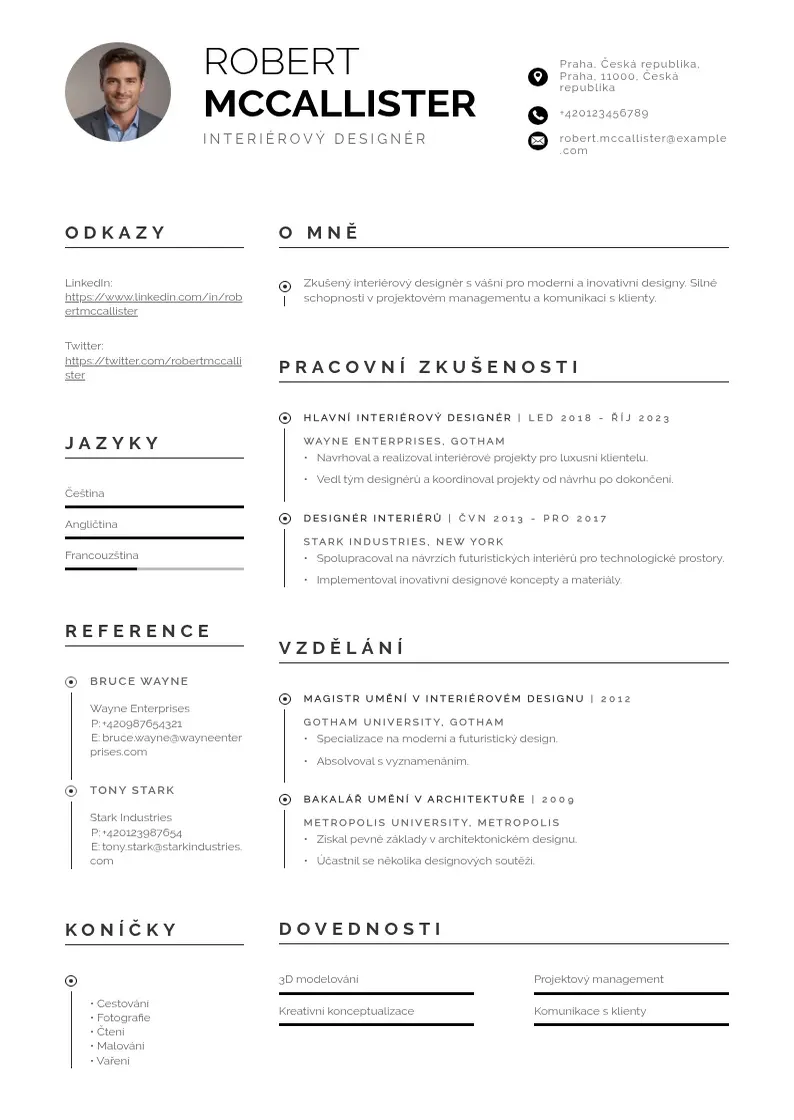 Profesionāla Zivotopis interieroveho designera CV veidne