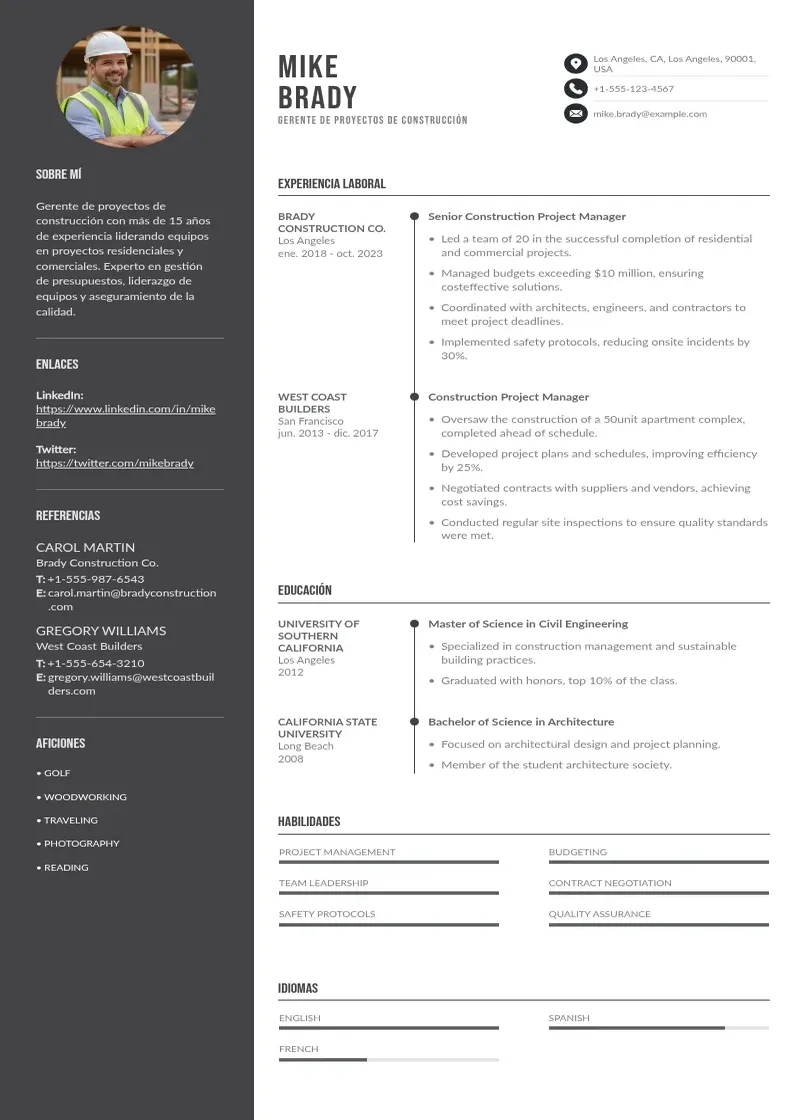 two column cv-gerente-de-proyectos-de-construccion resume example