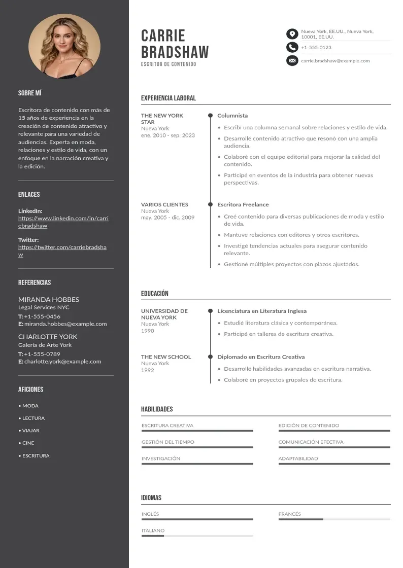 two column escritor-de-contenido resume example