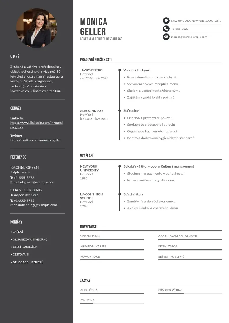 Divu kolonnu Generalni reditel restaurace zivotopis CV piemērs