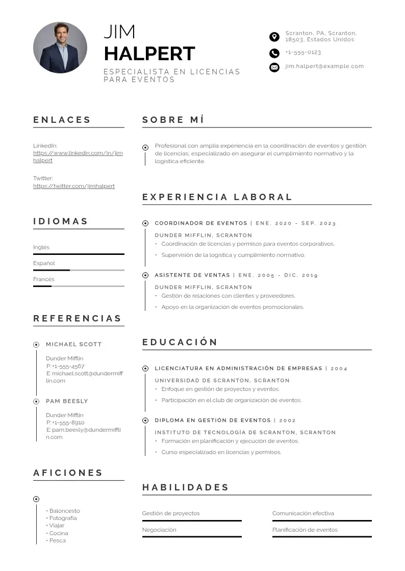 two column especialista-en-licencias-para-eventos resume example
