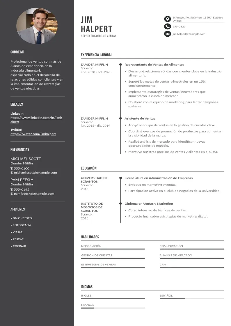 two column representante-de-ventas-de-alimentos resume example