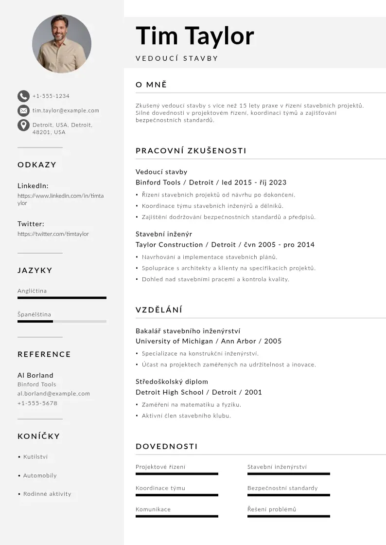 Mūsdienīga Zivotopis vedouciho stavby CV veidne