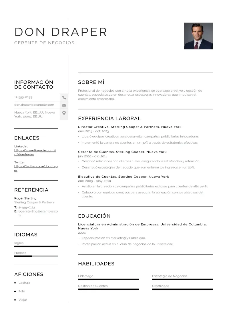 two column cv-gerente-de-negocios resume example