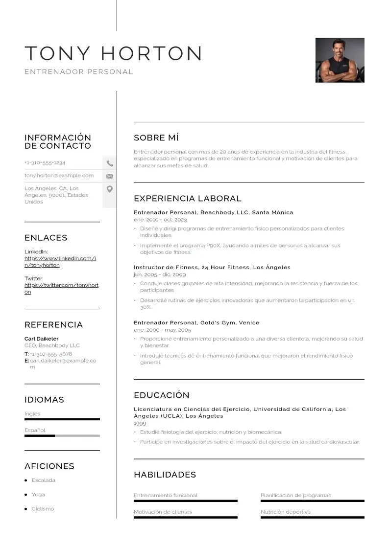 two column cv-entrenador-personal resume example