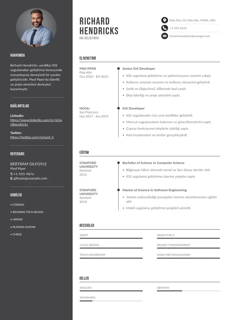 Divu kolonnu iOS Geliştirici  CV piemērs