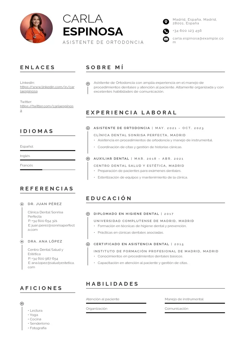 two column asistente-de-ortodoncia resume example