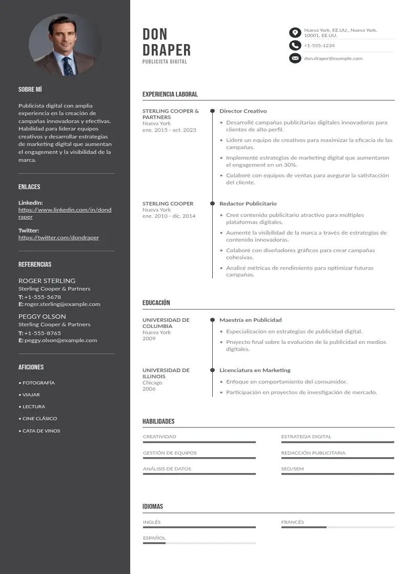 two column publicista-digital resume example