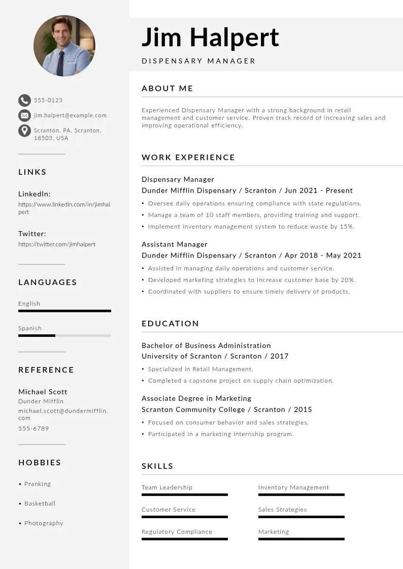 modern Dispensary manager resume resume template