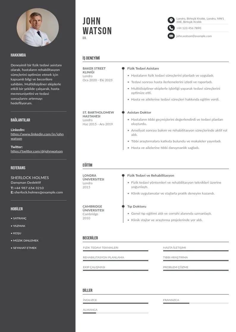 Divu kolonnu Fizik Tedavi Asistanı  CV piemērs