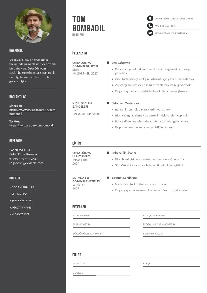 Divu kolonnu Bahçıvan  CV piemērs