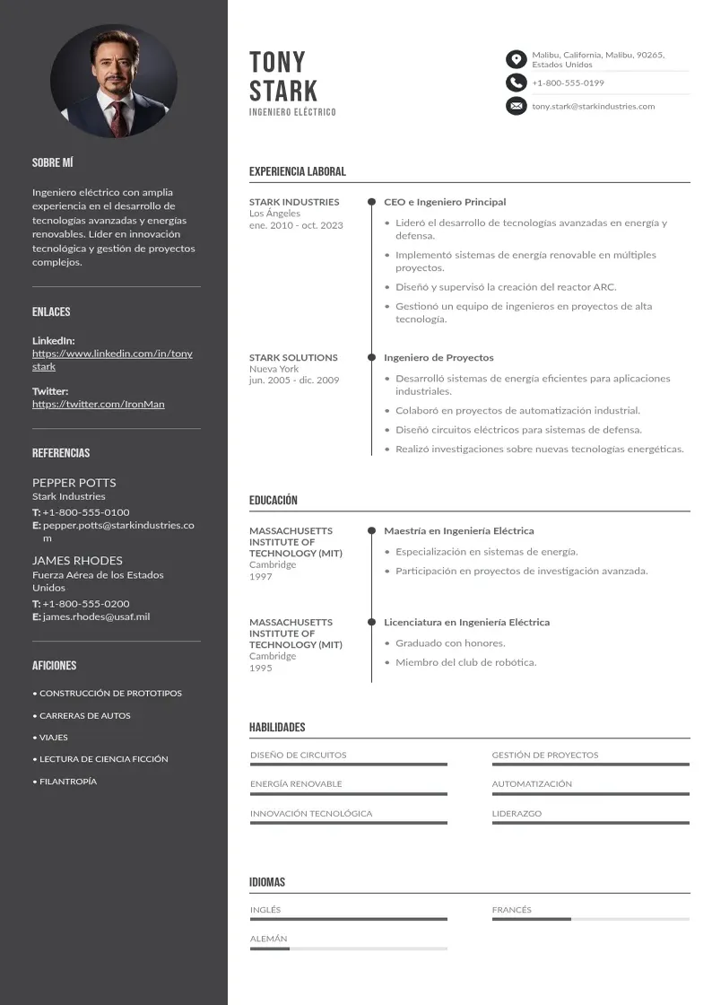 two column cv-ingeniero-electrico resume example