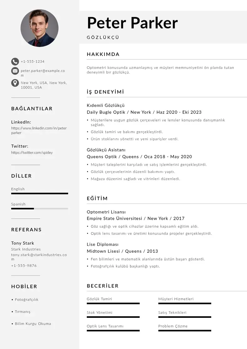 Mūsdienīga Gözlükçü  CV veidne