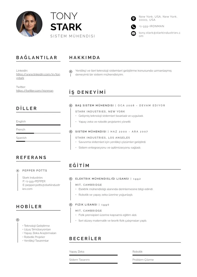 Profesionāla Sistem Mühendisi  CV veidne