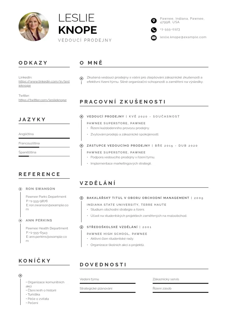 Profesionāla Zivotopis vedouciho prodejny CV veidne