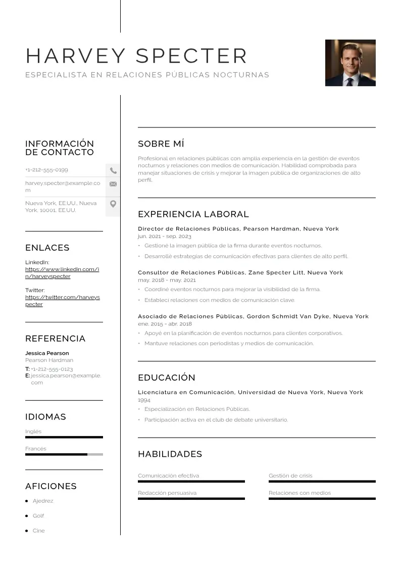 two column especialista-en-relaciones-publicas-nocturnas resume example