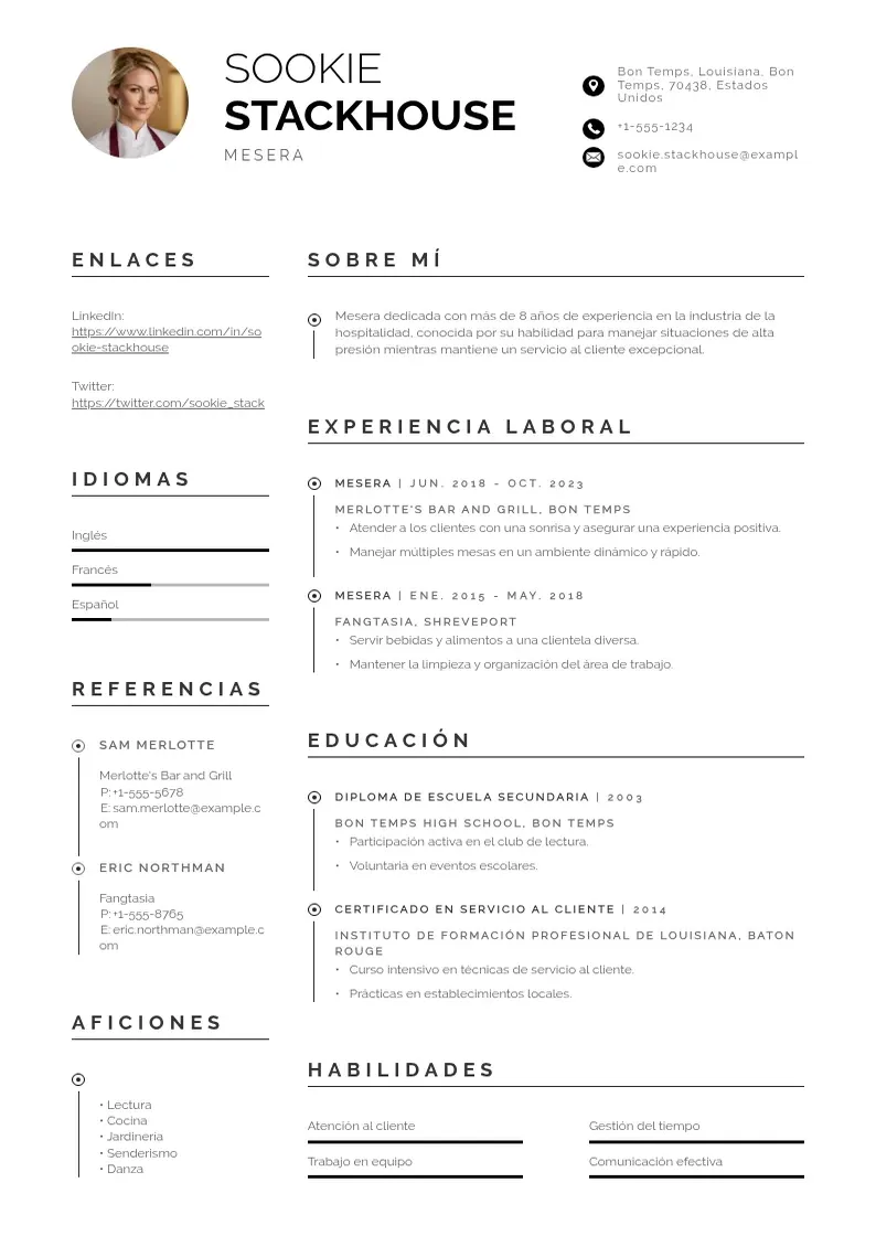two column cv-mesero resume example