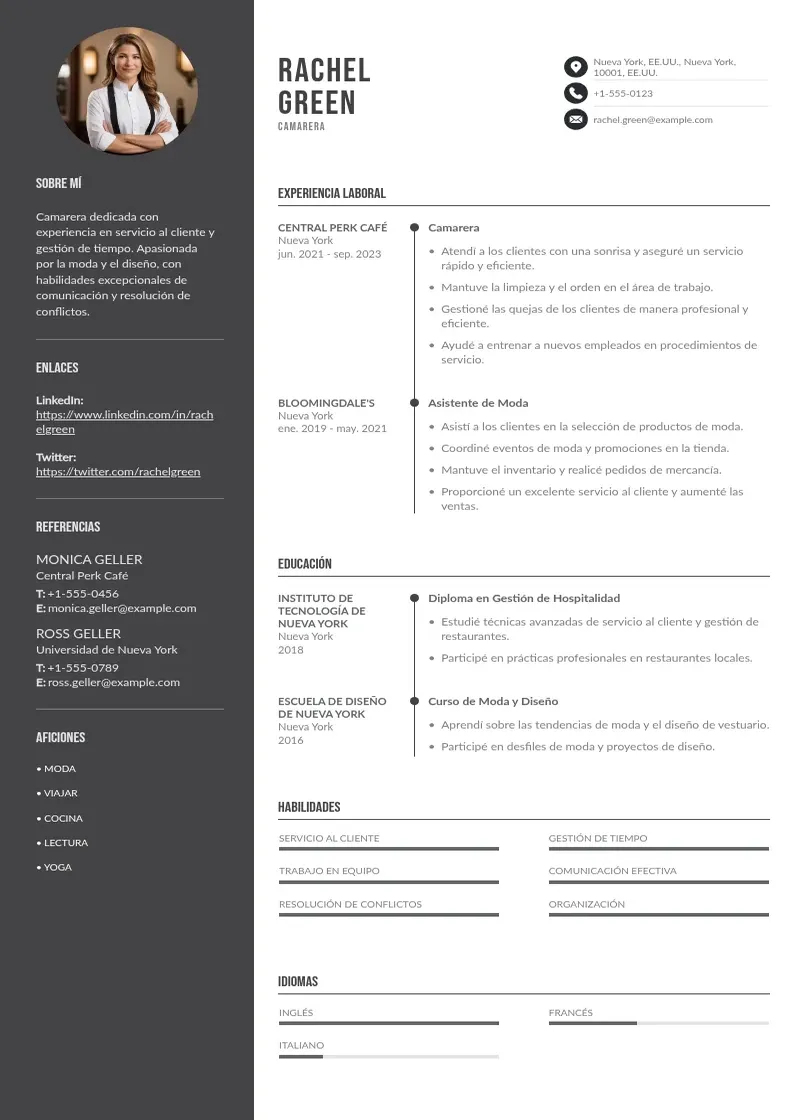two column cv-camarero-servidor resume example