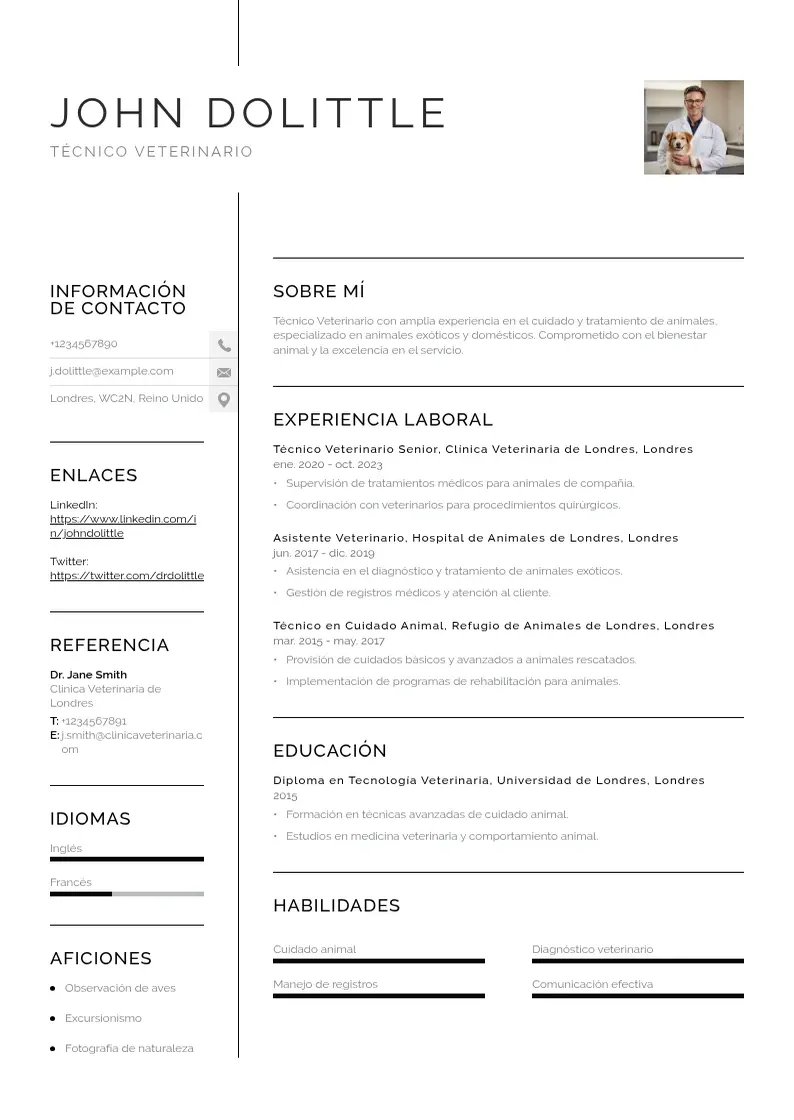 two column cv-tecnico-veterinario resume example
