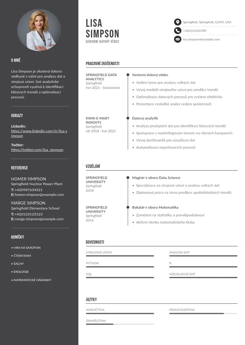 Divu kolonnu Senior data scientist CV piemērs