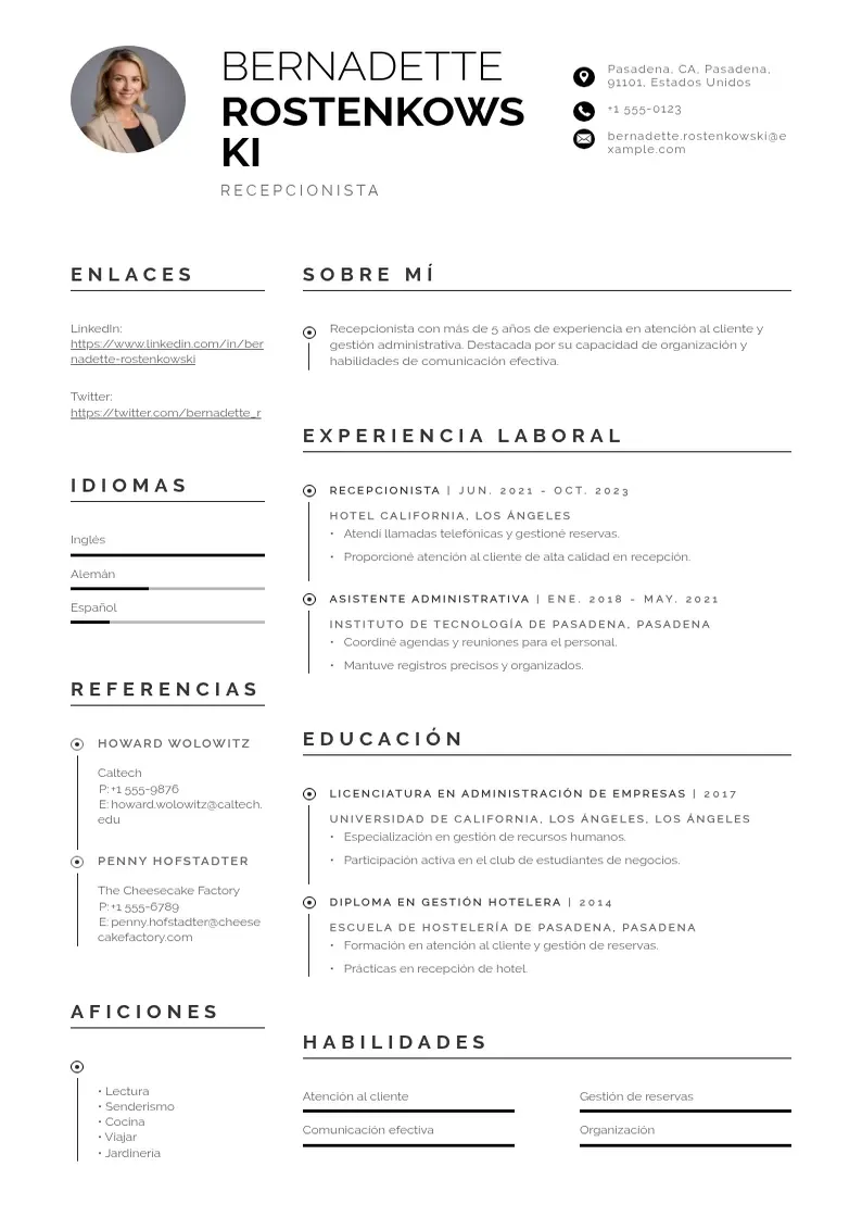 two column curriculum-de-recepcionista resume example