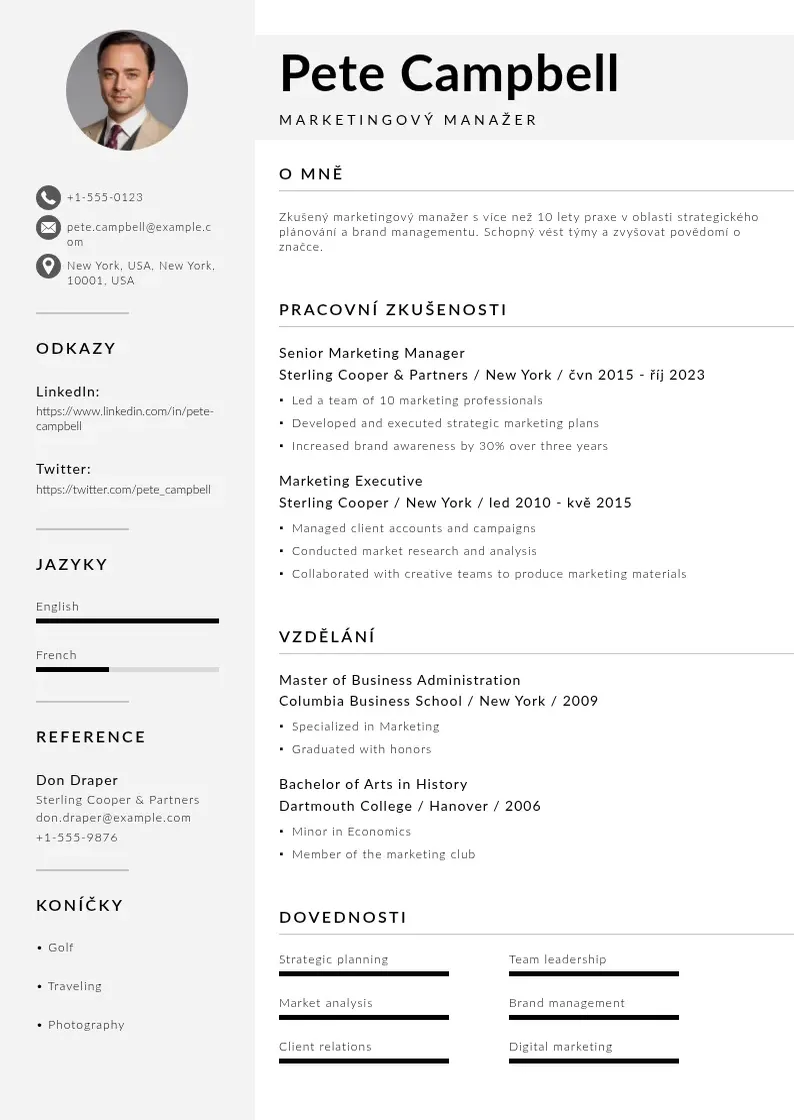 Mūsdienīga Marketingovy manazer zivotopis CV veidne
