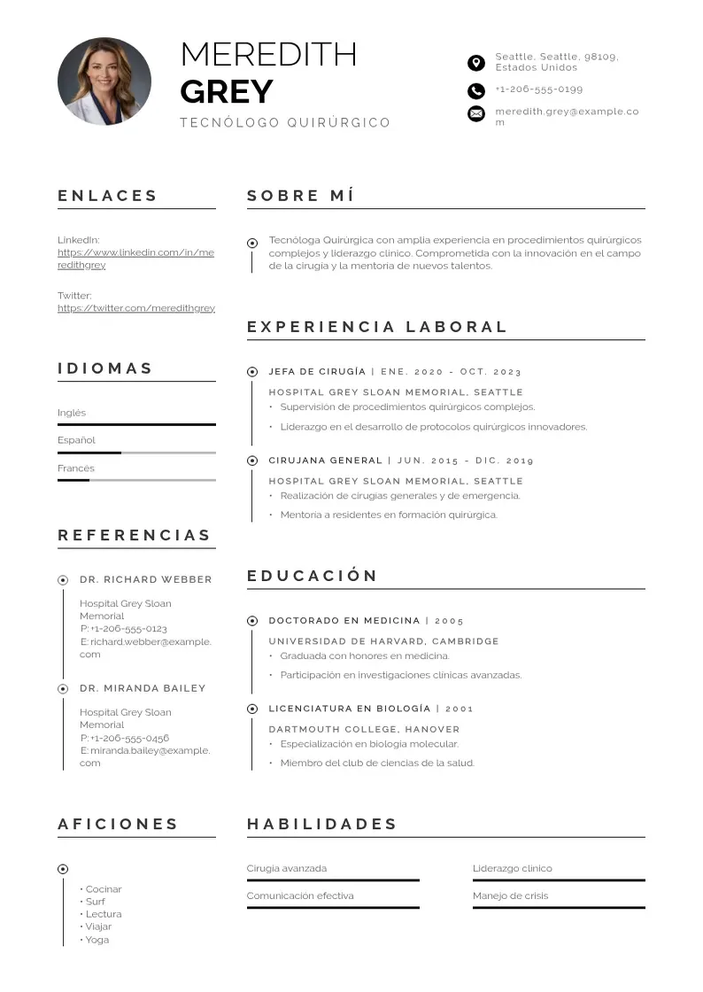two column tecnologo-quirurgico resume example