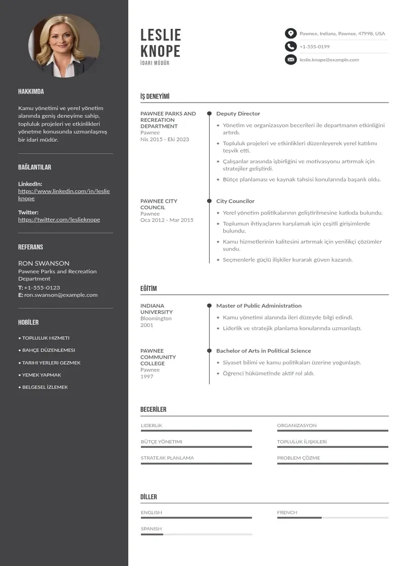 Divu kolonnu İdari müdür  CV piemērs