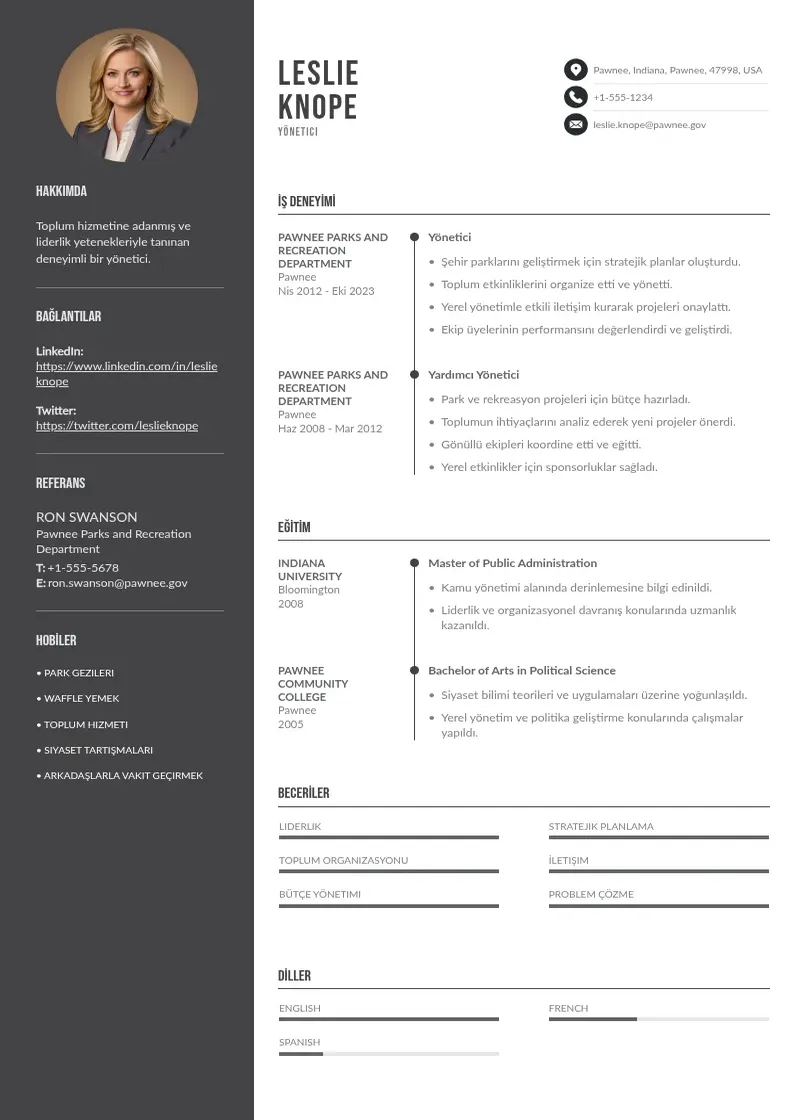 Divu kolonnu Yonetici CV piemērs