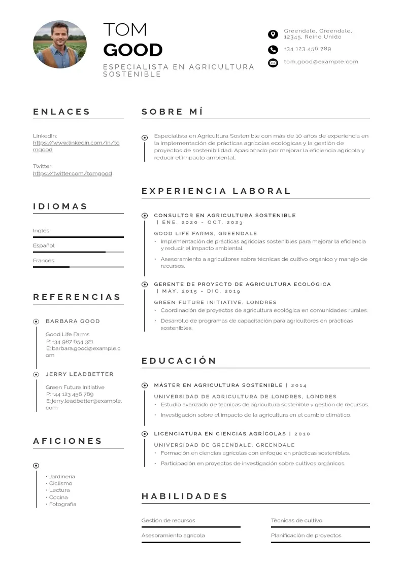 two column especialista-en-agricultura-sostenible resume example