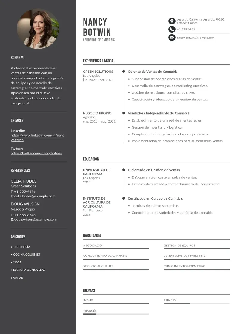 two column vendedor-de-cannabis resume example