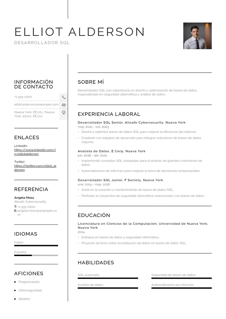 two column cv-desarrollador-sql resume example