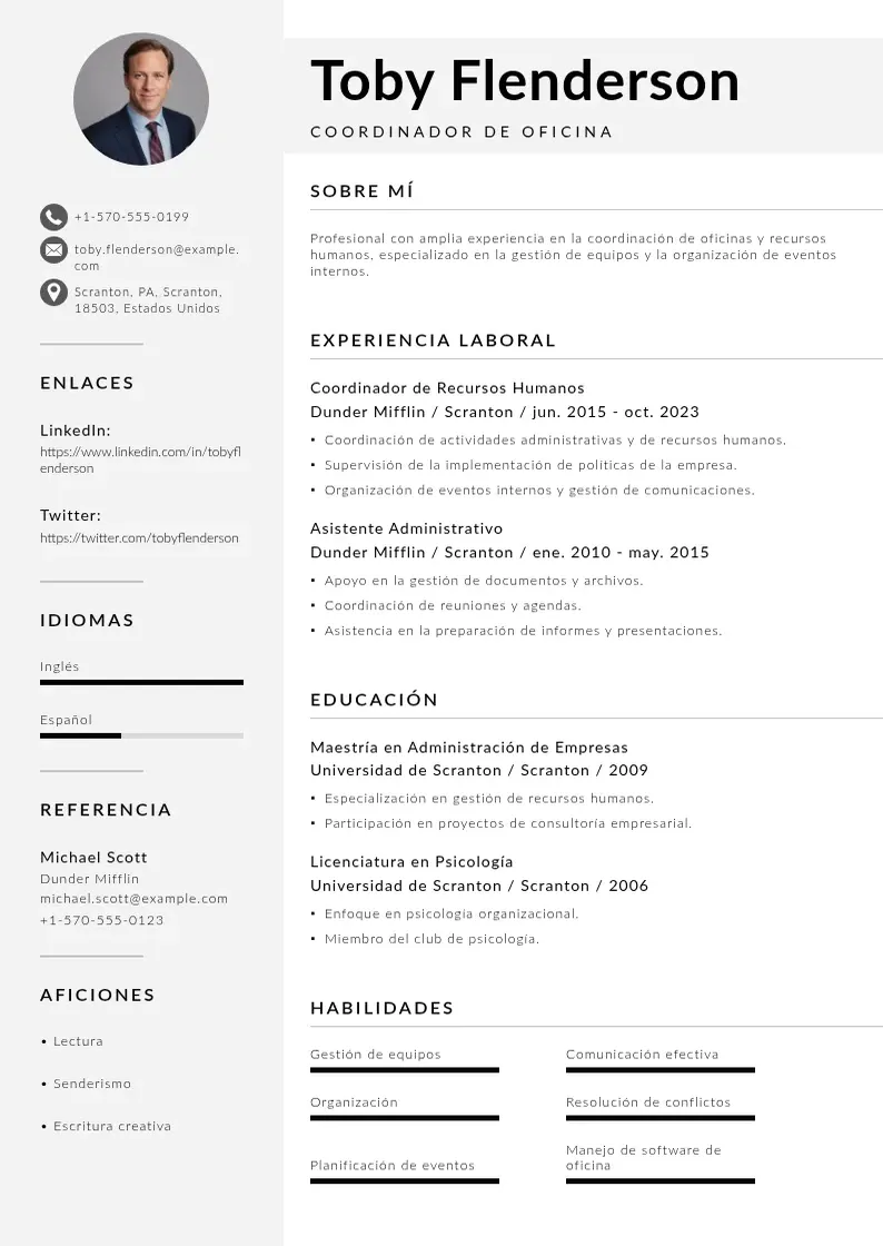 two column coordinador-de-oficina resume example