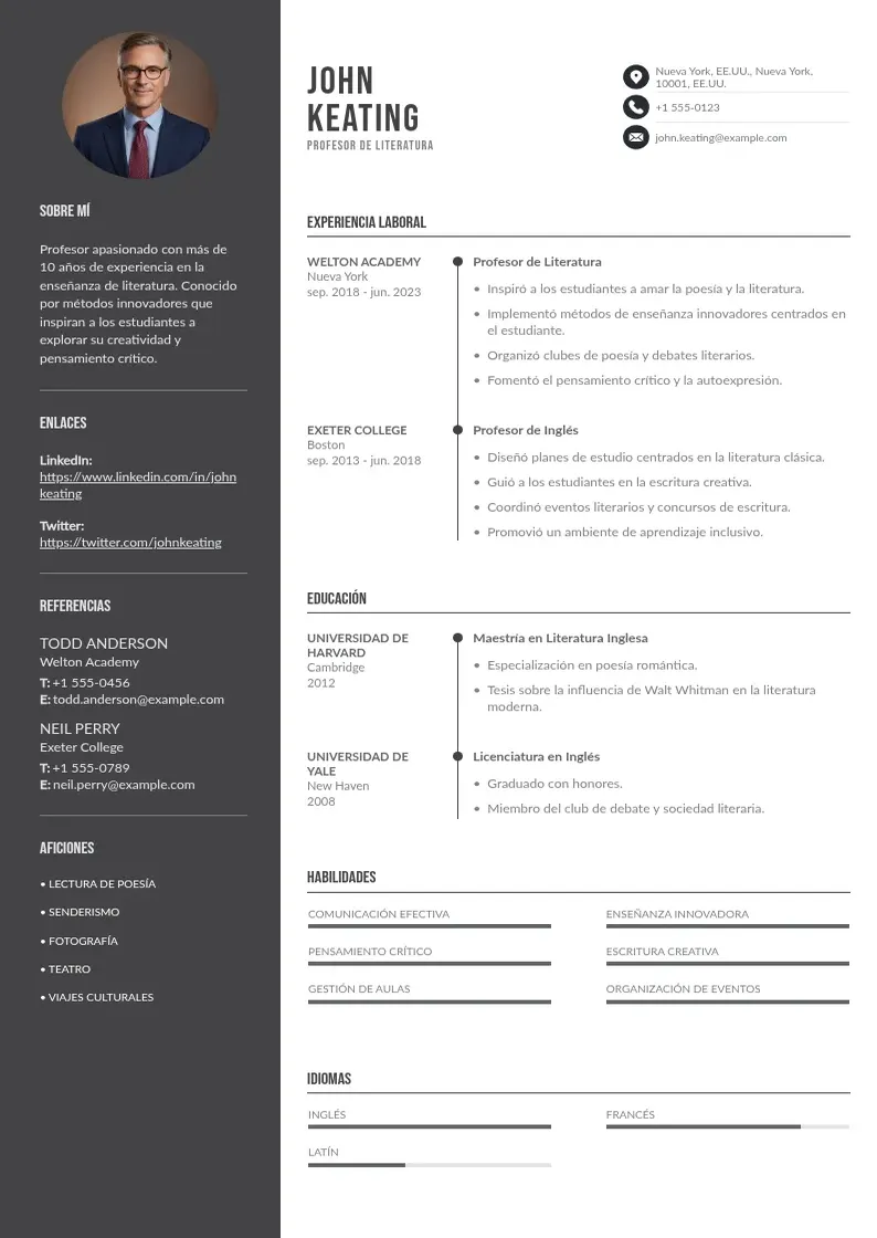 two column curriculum-de-profesor resume example