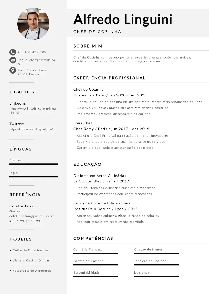 Modelo de currículo moderno de De chef de cozinha